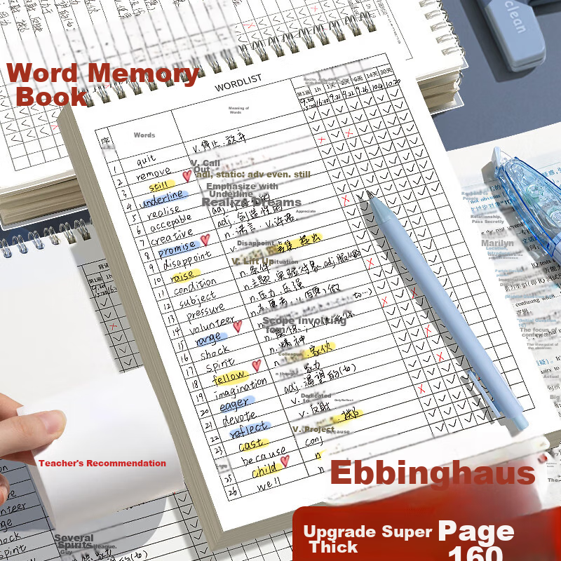 Xinshida B5/160-Page Vocabulary Notebook, Ebbinghaus Word Memorization Notebook, English Vocabulary Notebook, Paper-Based Vocabulary Memorization Tool, Exam Preparation, Middle School And High School Vocabulary Memorization, Word Accumulation Spiral Notebook