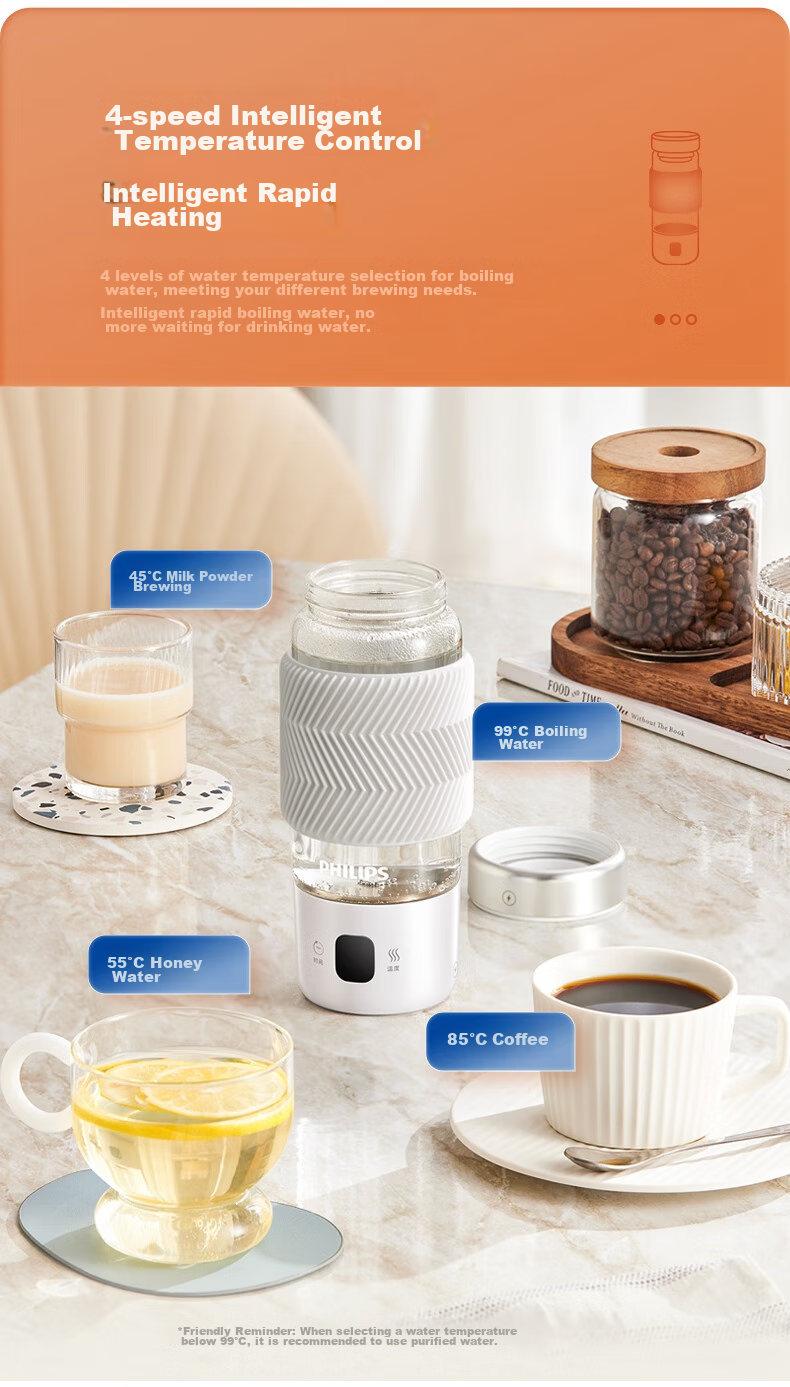 PHILIPS Portable Electric Kettle with Glass Lid for Health Pot, Mini Office Tea Maker with Infuser 6