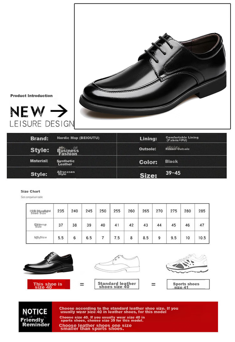 BEIOUTU Men's Leather Shoes, Business Casual Shoes, British Style Office Lace-Up Comfortable Men's Footwear, 9827 Black, Size 43 3