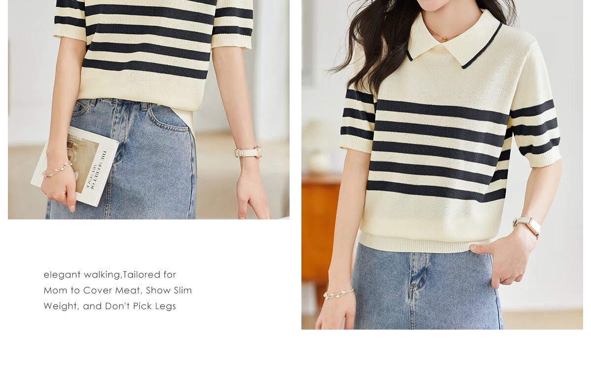 Taxiang Women's Short-Sleeve T-Shirt, Doll Collar Thin Knit Top, Summer Women's T-Shirt, Contrasting Color Top, T144T1629 13