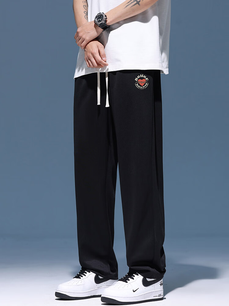 POUM Trendy Pants for Men, Spring And Autumn Thin Quick-Dry Draping Cool Wide-Leg Straight Trousers YM09 Black L 2