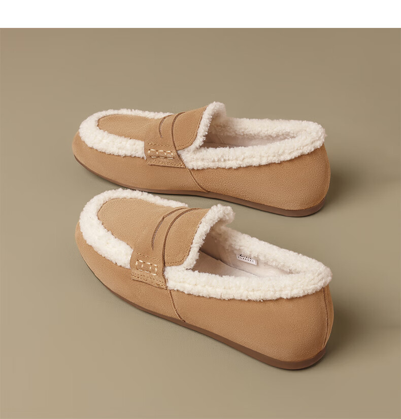 ZHR Bokeng Women's Shoes, 2025 Winter New Style, Fleece-Lined Loafers, Women's Flat Cotton Shoes, Maternity Shoes, EH116B, Khaki, Size 39 22