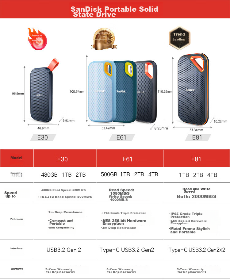 SanDisk, SanDisk 2TB Type-C USB3.2 NVMe Portable Solid State Drive (PSSD), E61 Pro Edition, 1050MB/s, Triple Protection for Phones And Laptops, External SSD 2