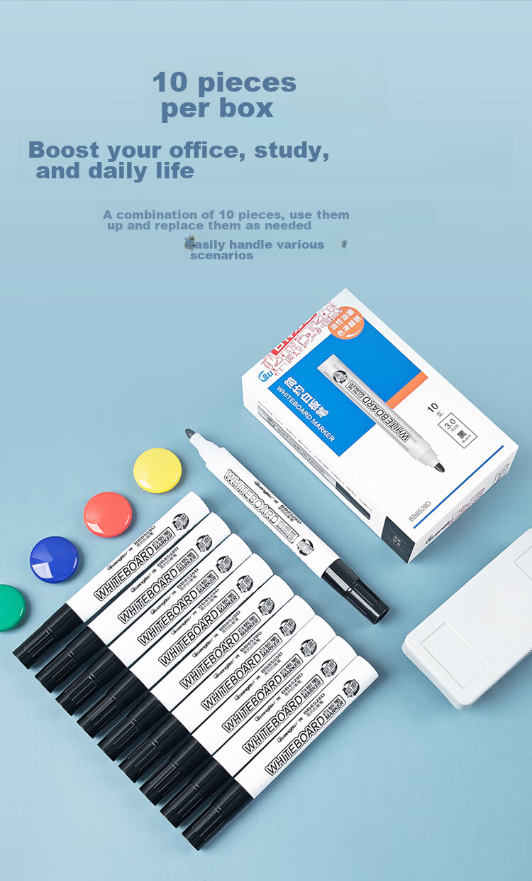 GuangBo Erasable Whiteboard Markers, Black, Thick Tip, Single-Tip Office Teaching Meeting Pens, Easy-To Oil-Based Pens, Office Supplies Stationery, 10 Pcs/box, BB8528D 10