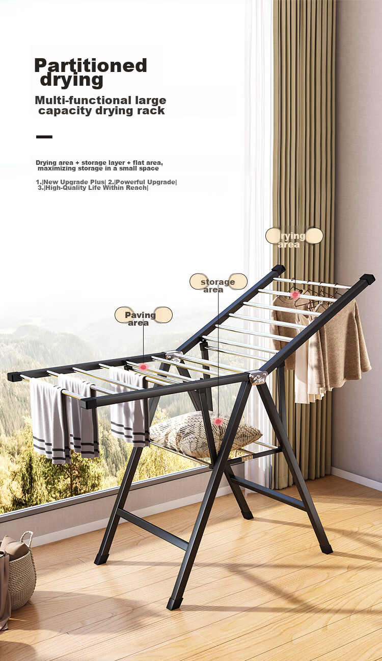 QIAONAMEI Clothes Drying Rack, Floor-Standing Foldable Hanger, Indoor Drying Pole, Balcony Quilt Drying Tool, Clothes Rack 4147BK 8