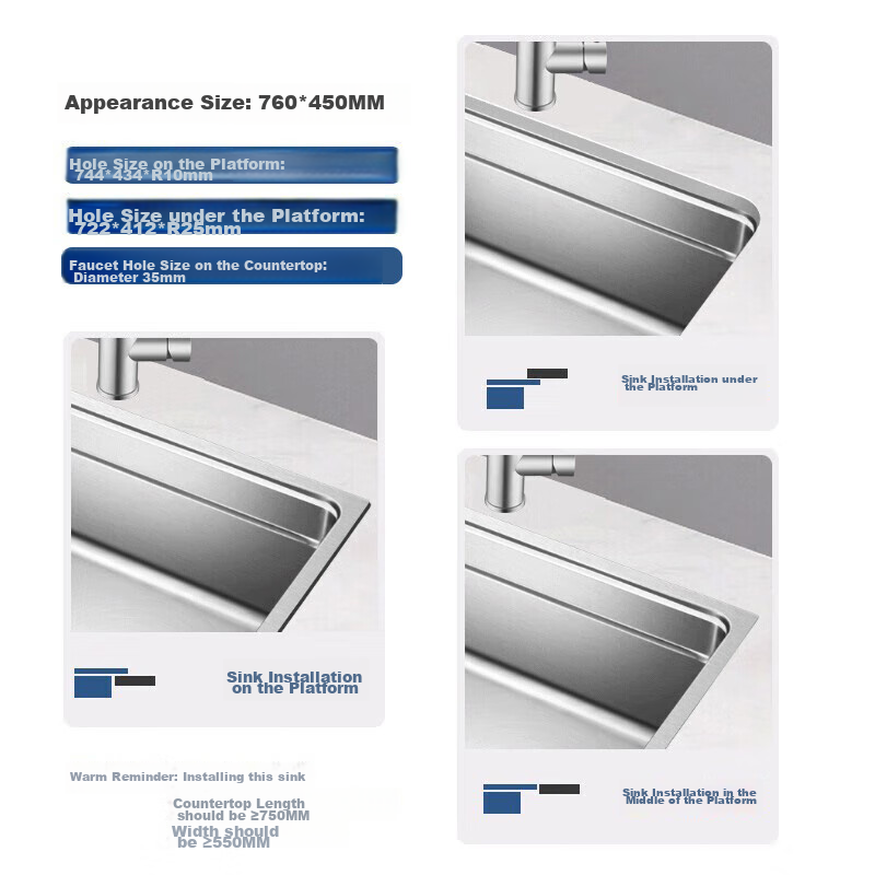OULIN Kitchen Sink, Large Single Basin, Vegetable Washing Sink, Integrated Basin, Narrow Edge, No Coating, 304 Stainless Steel, Left And Right Drainage, 637