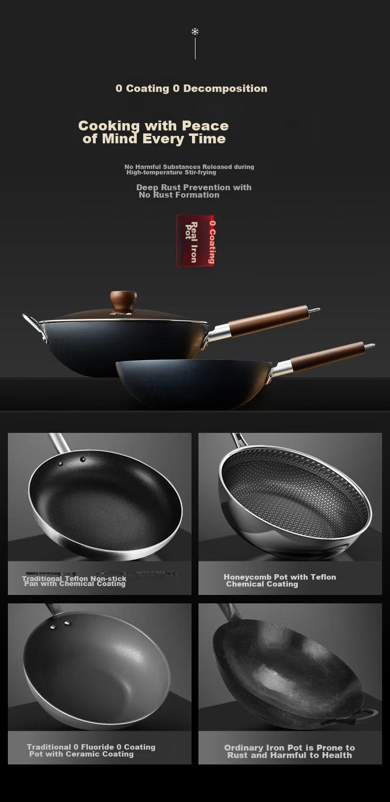 Zhangxiaoquan Snowflake Pattern Black Diamond Similar Style Non-Coated All-Purpose Anti-Scalding Wok Iron Pan 32cm with Lid 8