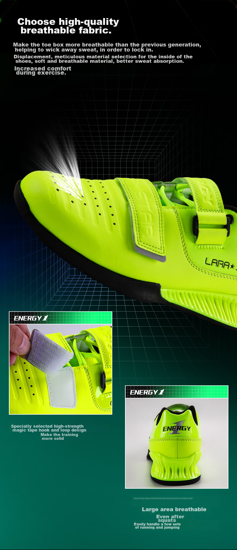 LARASTAR Squat Lifting Deadlift Shoes, Gym Indoor Training Shoes, Specialized Non-Slip Support Boxing Shoes, Fluorescent Green, Size 43 6