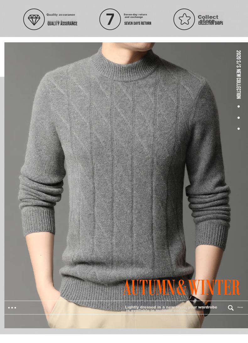 Hengyuanxiang Men's Cashmere Sweater, Autumn And Winter Thickened 100% Pure Cashmere, Business Casual Base Layer Knit Sweater, Winter Warm Clothing 1
