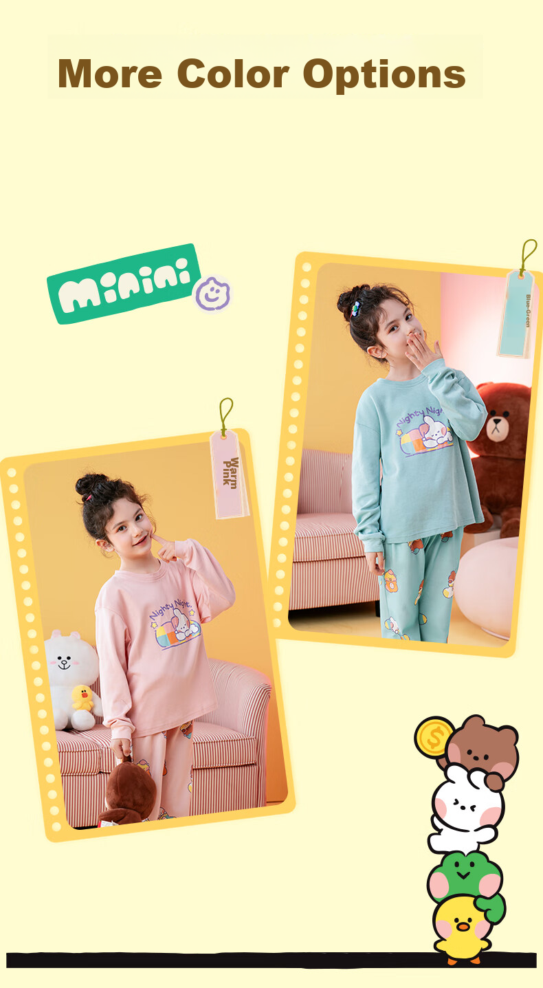Fenteng Children's Pajamas, Girls' Brown Bear And Cony Rabbit Co-Branded Pure Cotton Sleepwear for Older Childre 29