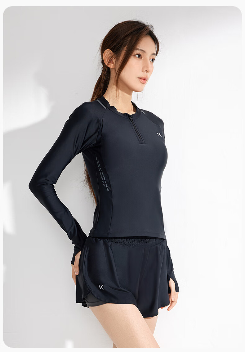 Keep Two-Piece Swimsuit for Women, Summer Long-Sleeve Sun Protection Conservative Slimming Hot Spring Swimwear, Night Black, XL 10