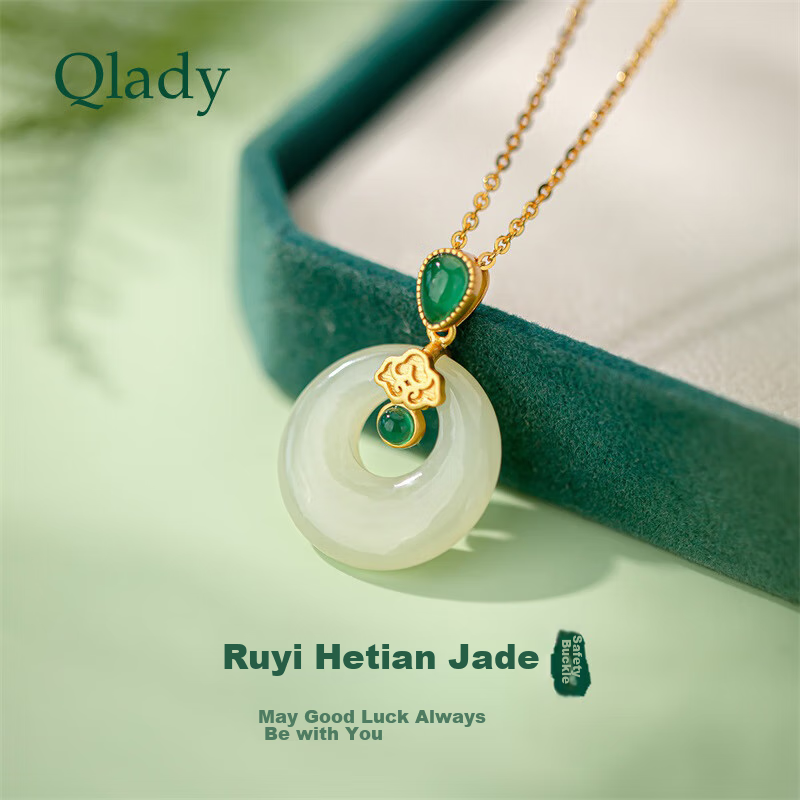Qlady Hetian Jade Peace Buckle Necklace for Women, 925 Silver Jewelry Jade Pendant, Mother's Birthday Mid-Autumn Festival Gift for Mom