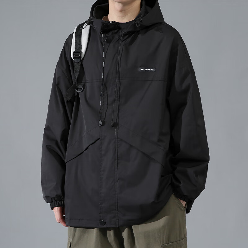 Dingfengbaoluo Men's Jacket, Spring Hooded Casual Workwear, Trendy Mountain-Style Outerwear for Young Men, JK021 Black, Size M