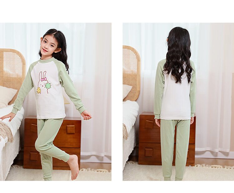 DEESHA 5A Antibacterial 100% Cotton Girls' Thermal Underwear, Student Mid to Big Kids Autumn Top And Pants, Light Pink Heart Rabbit, Size 120 5
