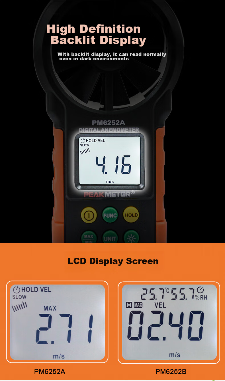 PEAKMETER PM6252B Handheld High-Precision Anemometer with Digital Display for Air Flow Measurement, Temperature And Humidity Testing, And Wind Speed Meter 11