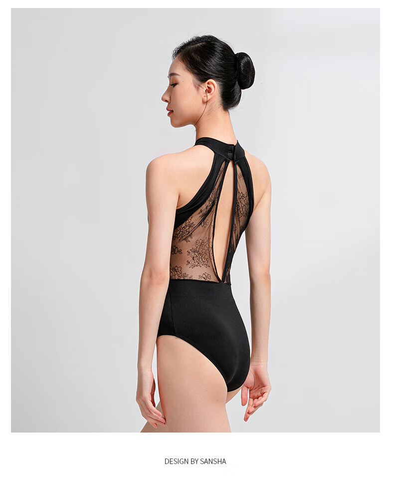 Sansha Ballet Dance Practice Leotard for Adult Women with Halter Neck, Lace Dance Bodysuit for Gymnastics And Figure Training, Black, 2XL 12