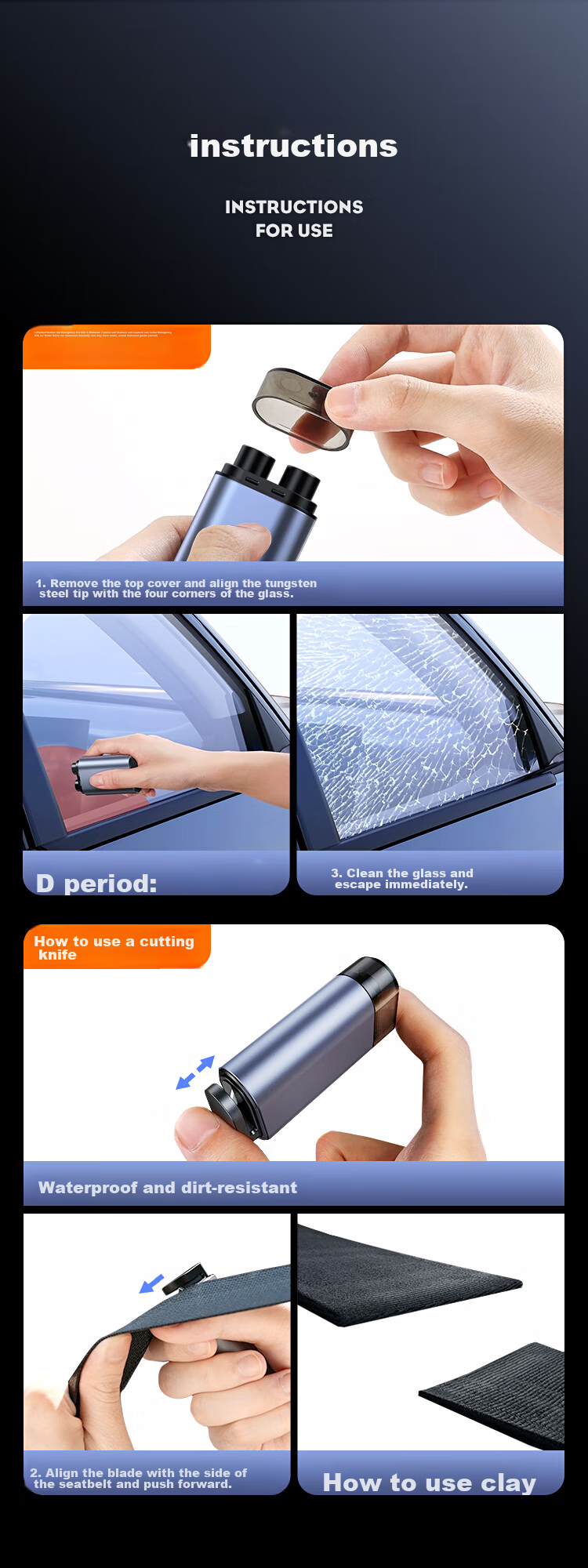 BIAZE Car Safety Hammer, Life-Saving Hammer, Window Breaker, Gun-Type Spring, Double Tungsten Steel Head, Built-In Cutter, Vehicle Escape Tool 12