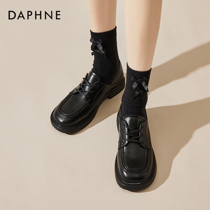 DAPHNE Women's Single Shoes, Spring Cowhide Chunky Heel Loafers, Commuter Leather Shoes for Women, Black, Size 35