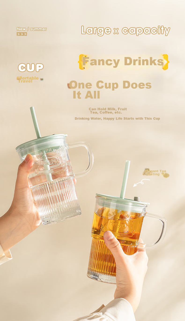 CAIZHI Glass Cup with Lid And Handle, Office Water Bottle with Straw, Large Capacity Cup, Transparent Mint Green CZ6940 4