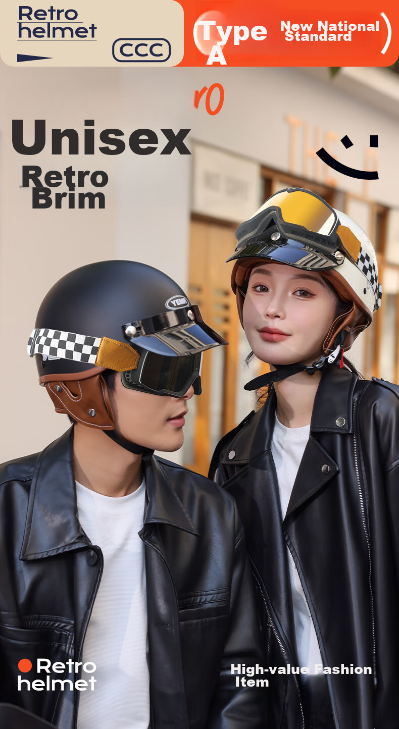 YEMA Helmet, 3C Certified, New National Standard Class A, Retro Stylish Half Helmet, All-Season Universal, for Men And Women, Motorcycle Helmet, Electric Motorcycle Safety Helmet, Cool Gray + Black Tea Wind Glasses, One Size Fits All 4