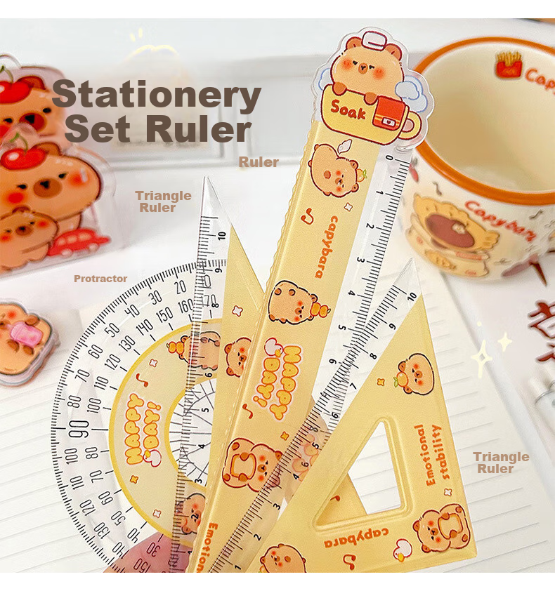 Touch Fish Student Ruler Set, Capybara Ruler Set, Cute Water Deer Ruler Set, Stationery Student High-Quality 15cm Scale Ruler, Back-To Four-Piece Set, Yellow Water Deer 6