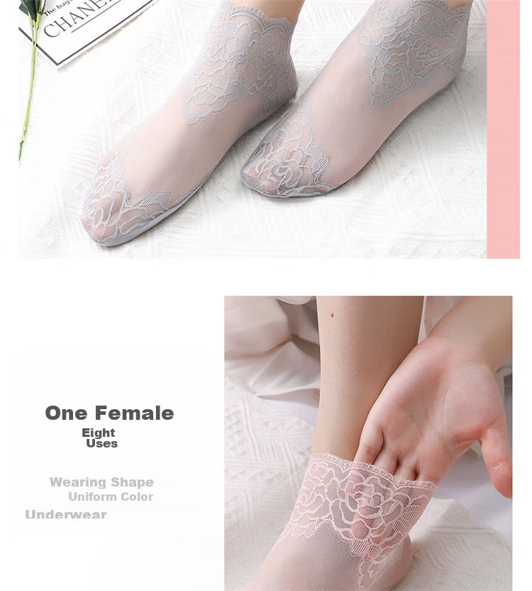 LangSha Women's Lace Stockings with Ribbons, 6 Pairs of Mesh Short Socks with Cotton Bottoms, Thin Spring And Summer Socks 16