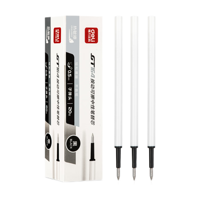 Deli [Best-Selling Product] Erasable Retractable Gel Pen Refills, 0.5mm Bullet Tip, Student Gel Pen Refills, Black Ink, 20 Pieces/Box GT164