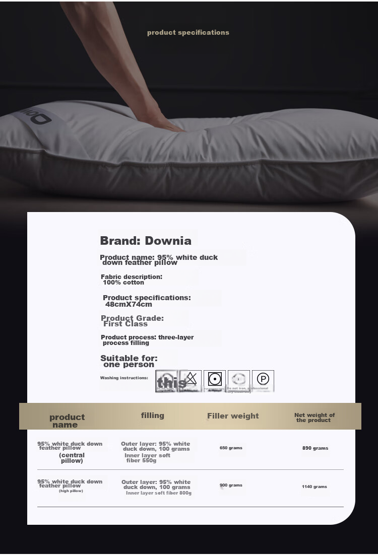 Downia Pillow, Five-Star Hotel Down Pillow, Side Sleeping Cervical Pillow, 95% White Duck down Composite Pillow, 74*48CM 9