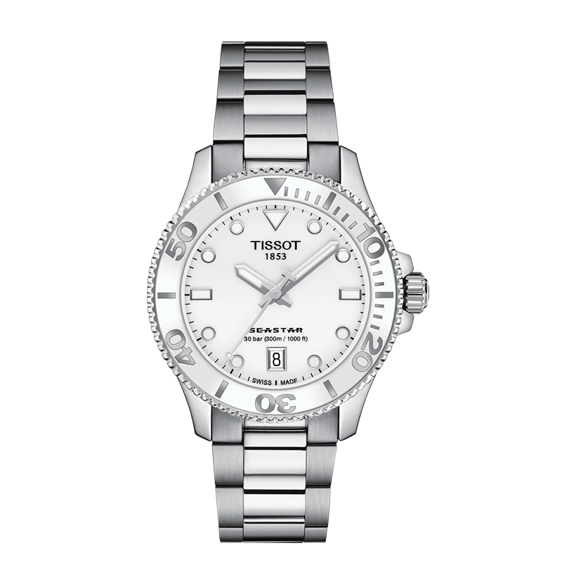 TISSOT Watch, Seastar Series Women's Watch, Swiss Quartz Ladies Steel Strap Wristwatch Diving Watch Birthday Gift