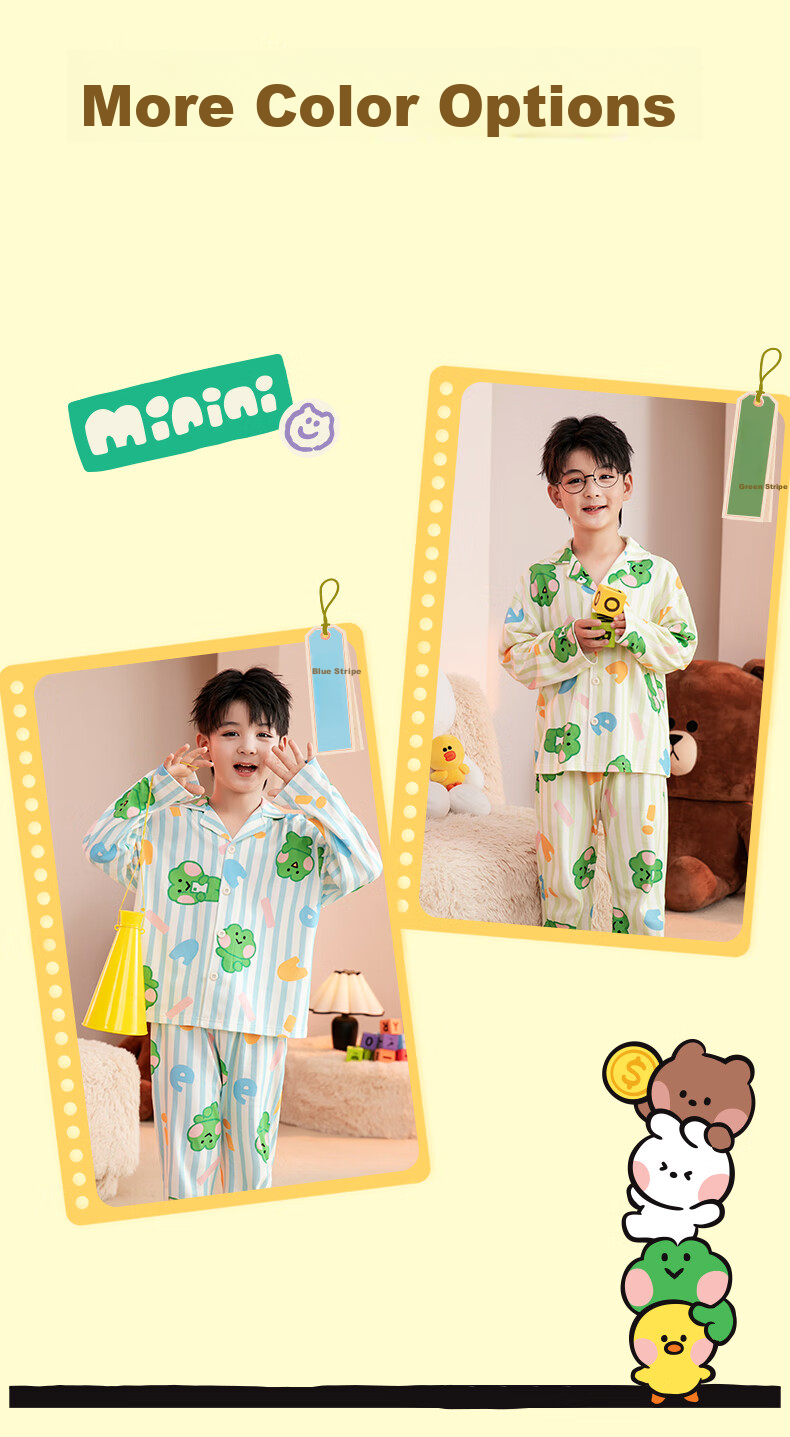 Fenteng Children's Pajamas, Boys' Brown Bear Design, Authentic Early Spring Pure Cotton Striped Sleepwear for Older Childre 11