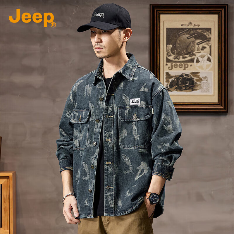 JEEP High-End Denim Jacket for Men, New Spring And Autumn Style 2026, Long-Sleeve Work Shirt, Casual Jacket, Men's Outerwear