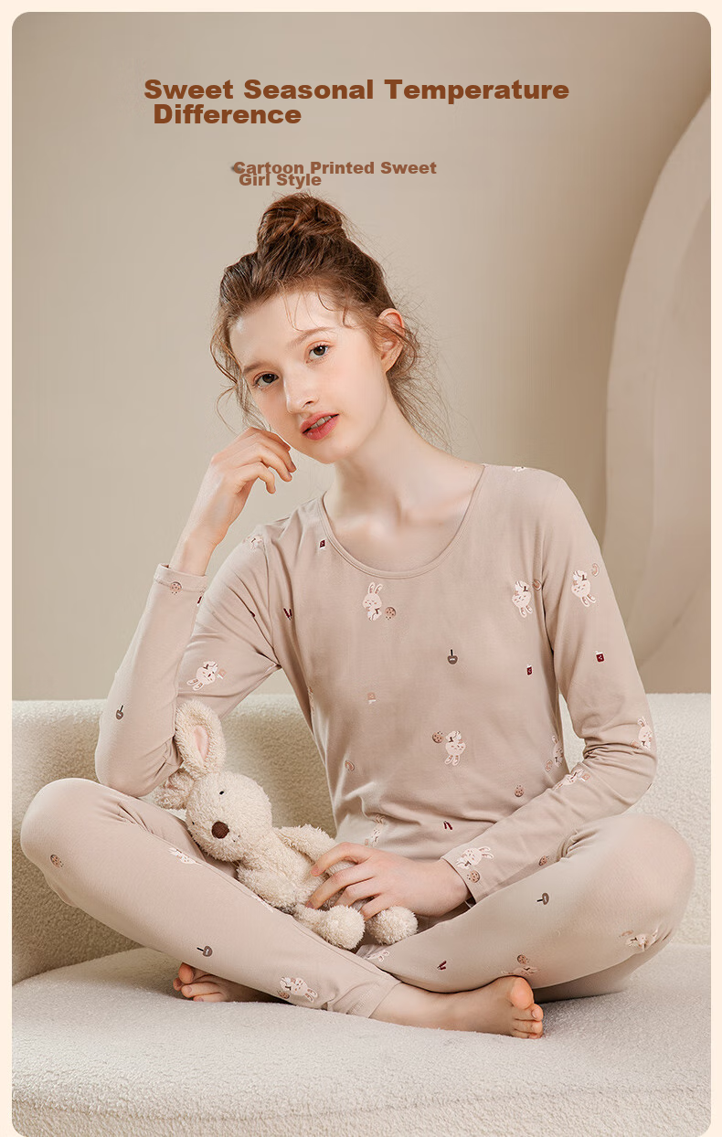 Fenteng Women's Thermal Underwear Pure Cotton 2025 New Style [Light Warm Underwear] Round Neck Small Floral Autumn Top and Bottom Set 6