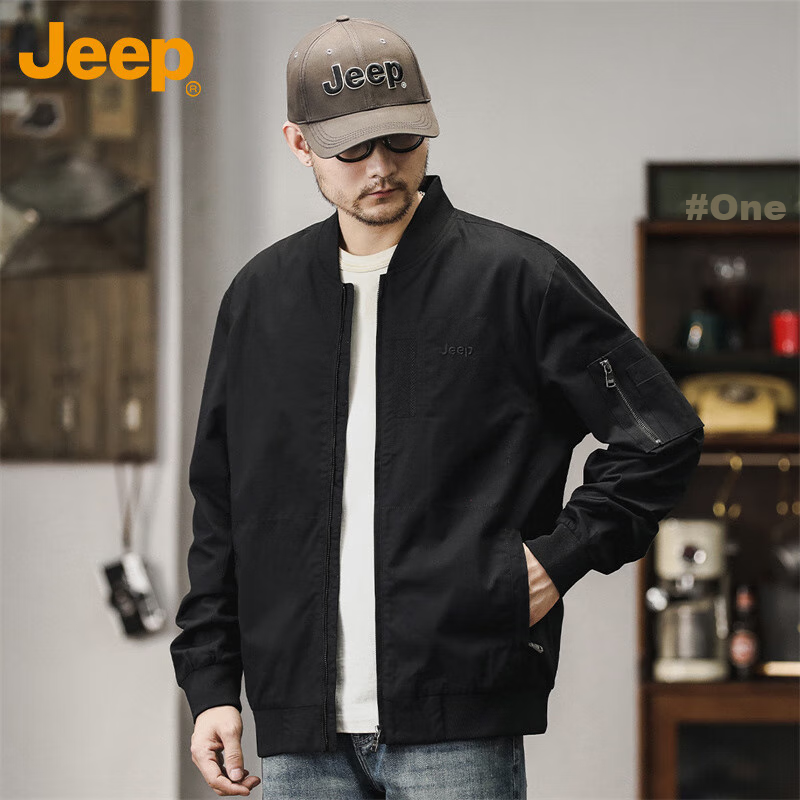 JEEP Men's Jacket, Spring And Autumn Workwear Baseball Collar Casual Clothing, Black, 2XL