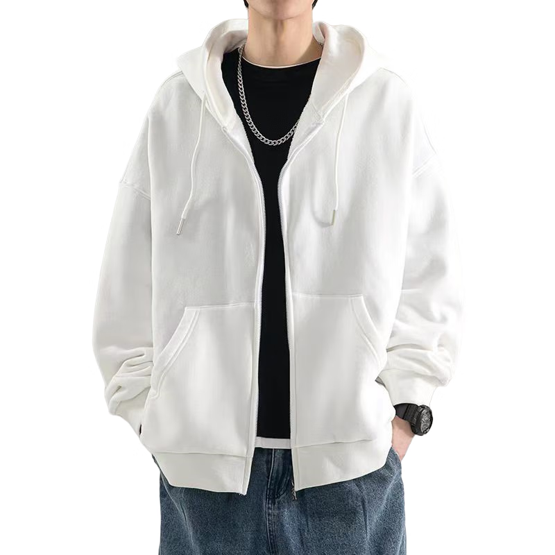 Homlean Hong Kong Style Hooded Jacket for Men, Spring Loose Cardigan Heavyweight Coat Top American Street Style HL06 White 2XL 7