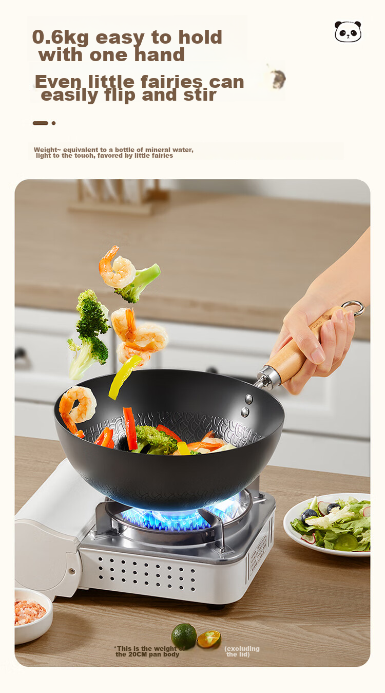 COOKER KING Small Iron Wok, Frying Pan for Home Use, Flat Bottom Pan, Baby Food Pot, Single Serving Pan for Induction Cooker, 20cm 8