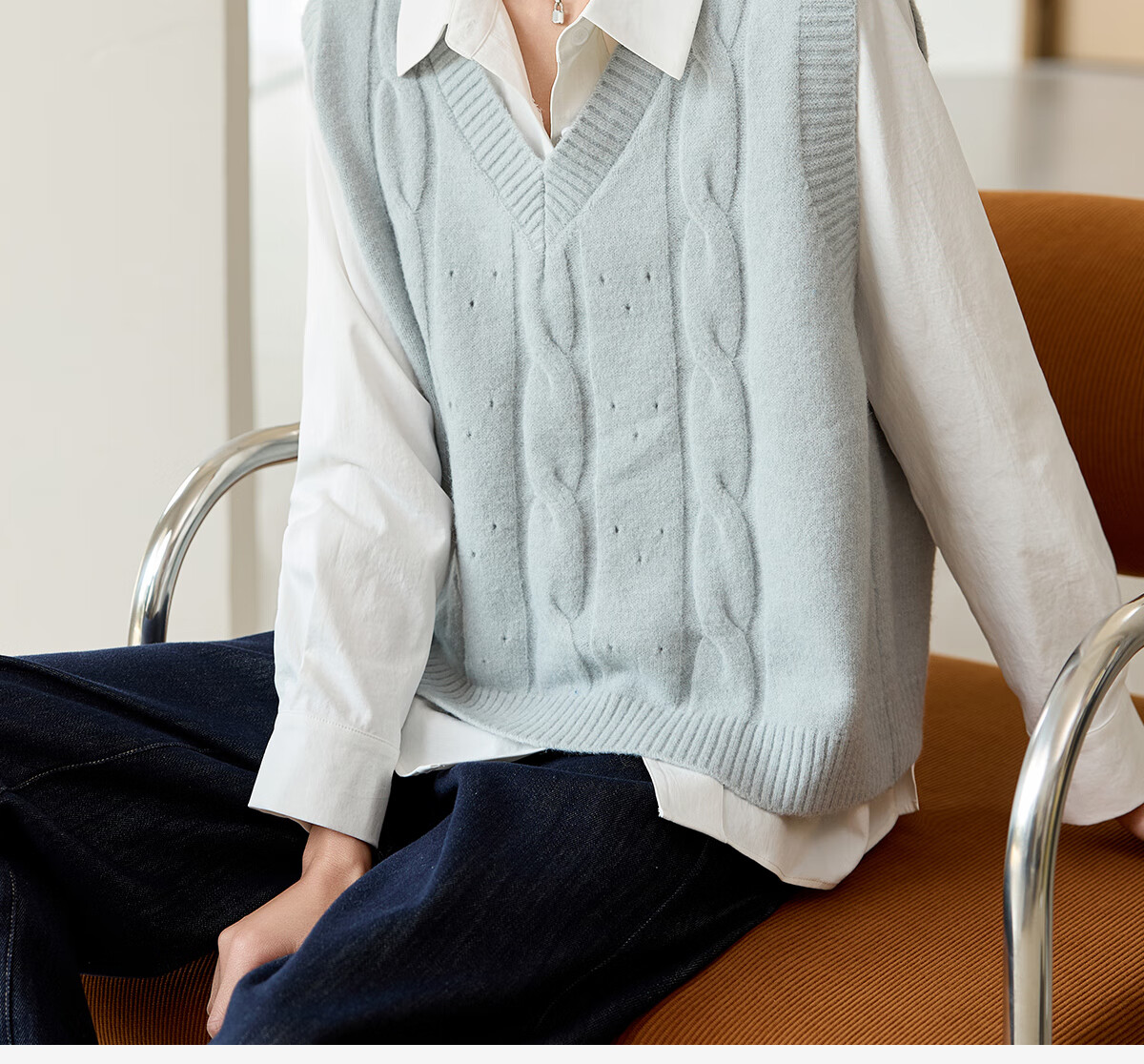 Chushen Spring And Autumn Knitted Vest for Women, Fashionable V-Neck Layered Knit Sweater Vest S51Z007 Light Gray Blue M 5