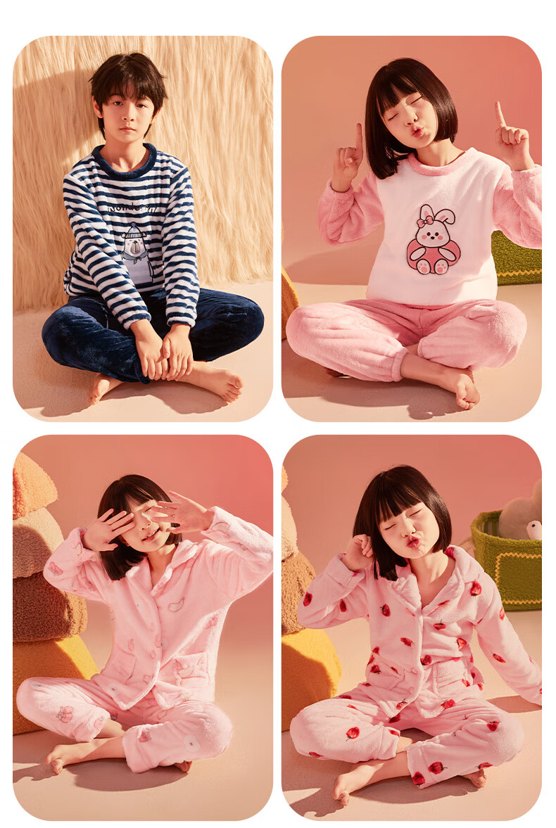 LangSha Children's Pajamas, Boys' Autumn And Winter Round Neck Fleece-Lined Thickened Double-Sided Flannel, Girls' Home Wear, Warm Set, Size 150 11