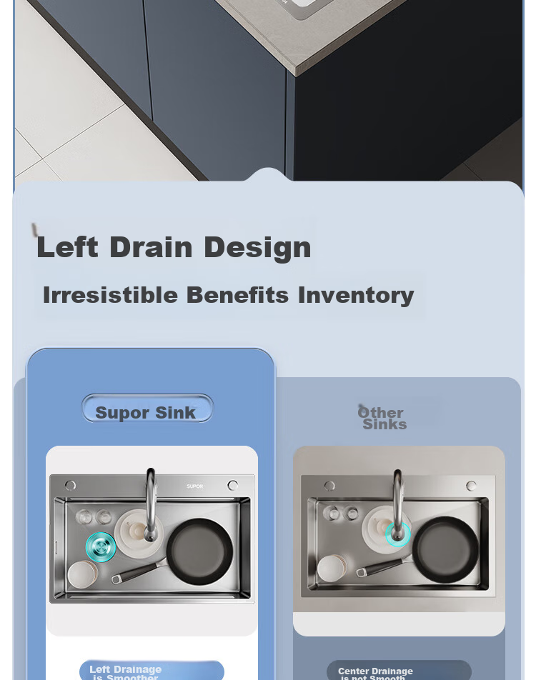 SUPOR 304 Stainless Steel Single Bar Large Single Groove Sink, Kitchen Washbasin for Washing Hands And Vegetables 16