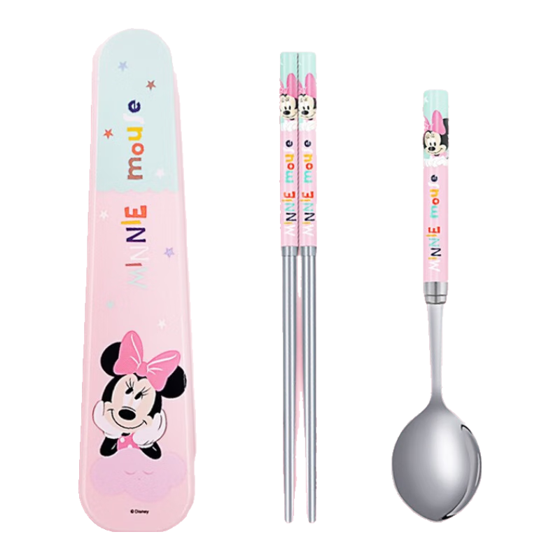 Disney Kids Stainless Steel Chopsticks and Spoon Set with Storage Box for Elementary School Children, 3-Piece Baby Tableware Set