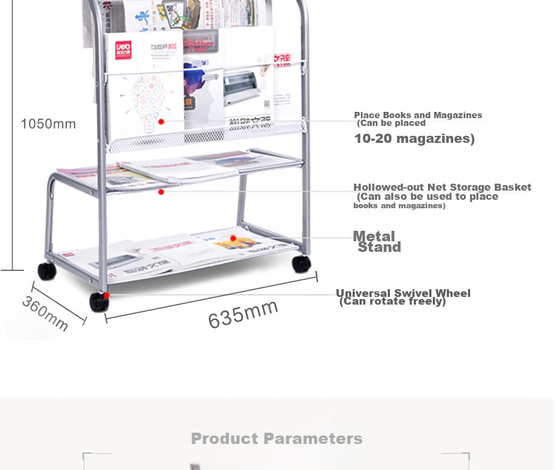 Deli Five-Tier Business Aluminum Alloy Clip Newspaper Rack Magazine Stand Library Bookshelf Newspaper Holder Floor-Standing Display Rack for Promotional Materials, Height 1.05 Meters 12