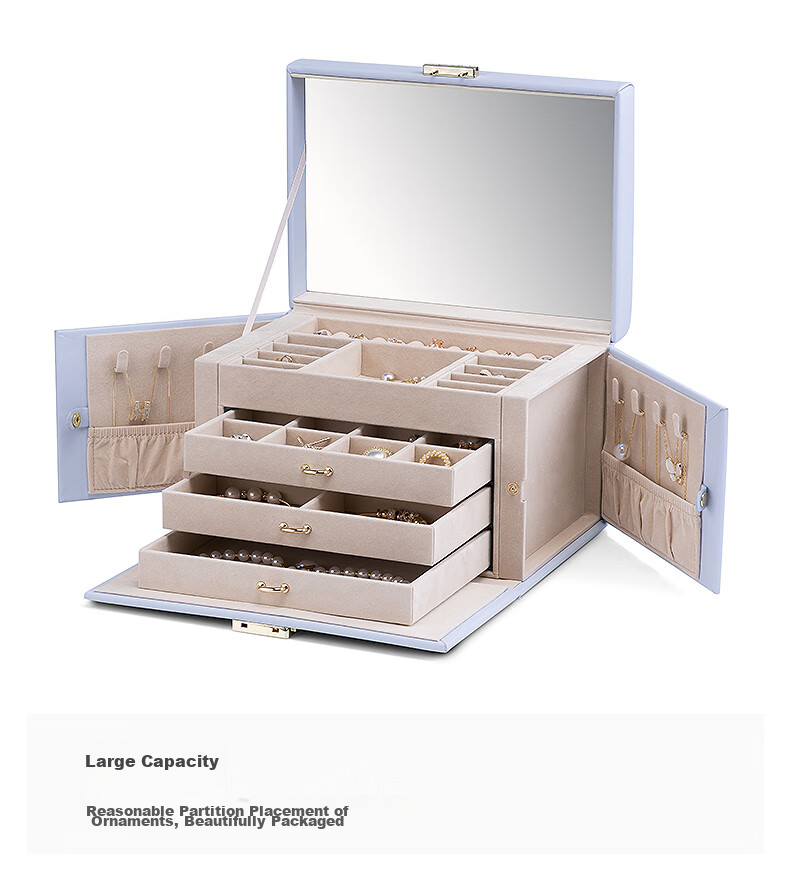 VLANDO Lockable Jewelry Box with Lambskin Pattern, High-End Luxury Large Capacity Storage Box, Wedding Gift, Mid-Autumn Festival Gift for Girlfriend 14