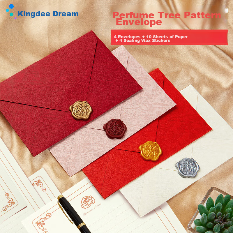 Kingdee Perfume Tree Pattern Envelope Greeting Card Set of 4, Qixi Valentine's Day Gift Cards, Cute Lacquer High-End Gift Artistic Letter Writing Love Note Confessio