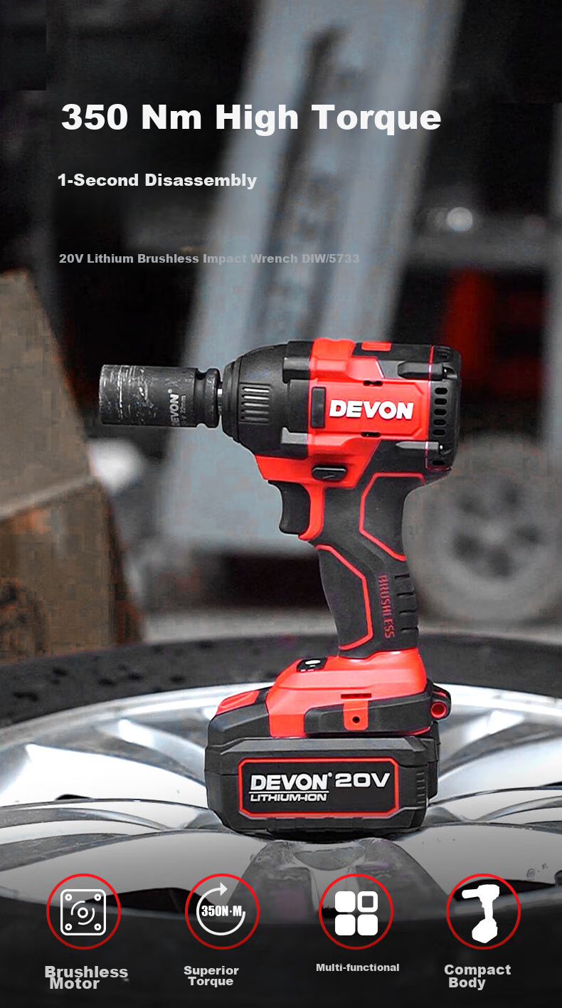 Devon 20V Brushless Impact Wrench, High Torque Industrial-Grade Lithium Battery Wrench Pneumatic Gun, 5733 Dual Battery 5.0 Fast Charging 2