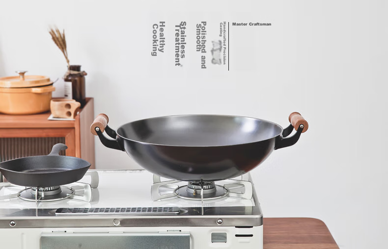 Dianjiang Cast Iron Wok, Uncoated Iron Pan, Enlarged Double-Handled Round Bottom Frying Pan, Gas Stove Cooking Pan, Deepened to 38cm 3