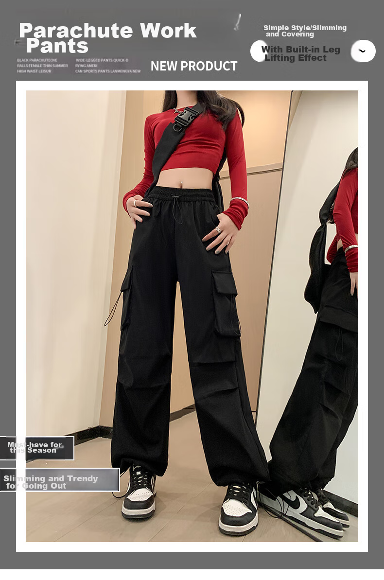 LangSha American-Style Parachute Cargo Pants for Women, Summer Ice Silk High-Waist Wide-Leg Loose Casual Quick-Dry Outdoor Sports Pants 1