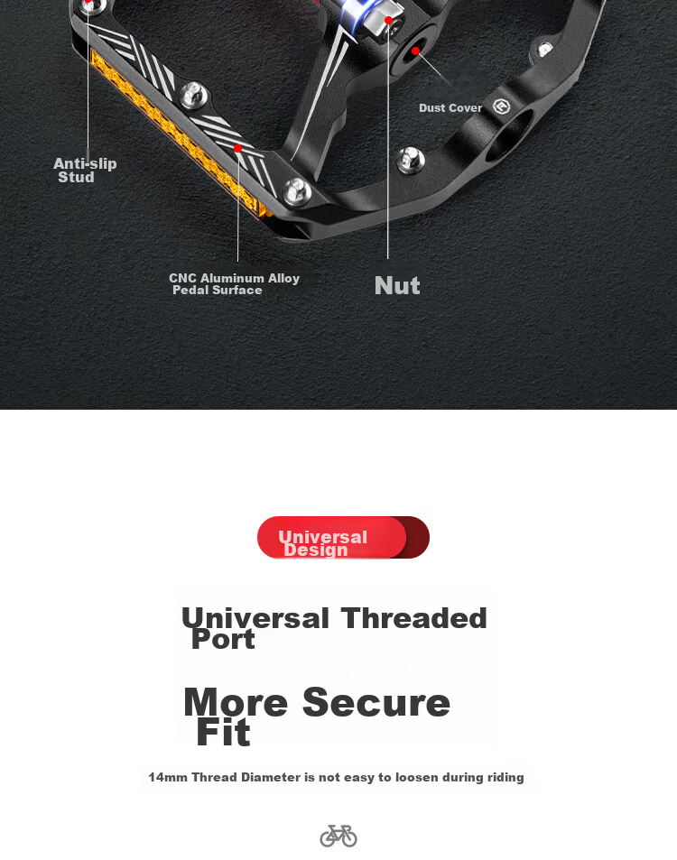 Move Iron Bicycle Pedals, 3-Bearing Anti-Slip Pedals, CNC Aluminum Alloy Road And Mountain Bike Reflective Strips, Universal Foot Pedals 7