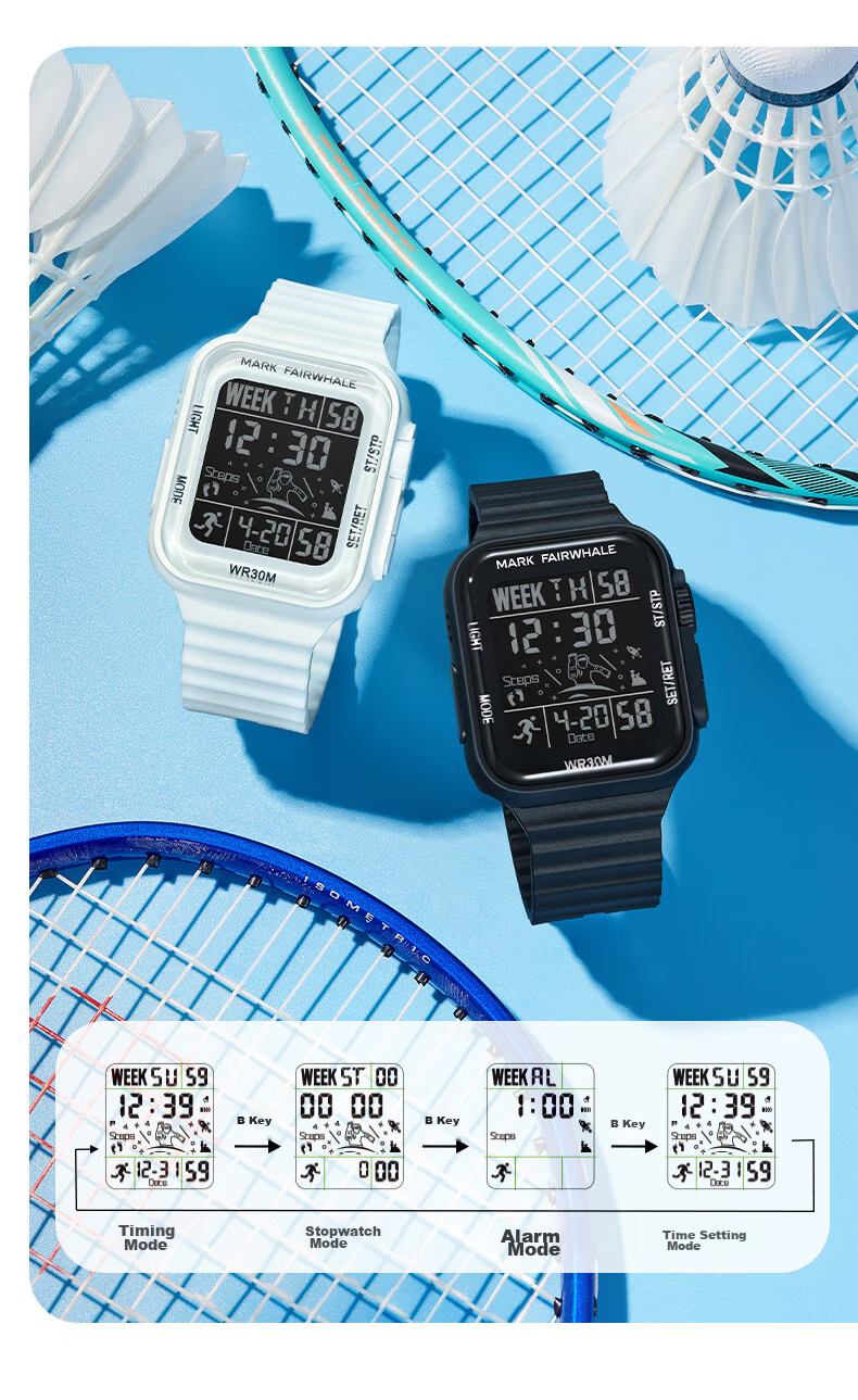 MARK FAIRWHALE Sports Watch for Men And Women Students, LED Square Electronic Watch with Alarm, Waterproof Wristwatch, Birthday Gift 4430 11