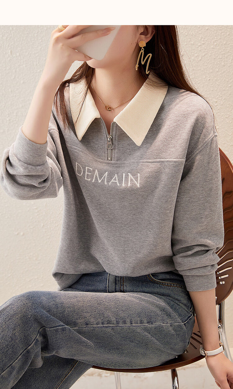 Dme [Elegant Letter Embroidery Sweatshirt] Spring And Autumn Commuter Style, Turn-Down Collar Long Sleeve Patchwork Women's Sweatshirt, Light Blue, XL 23