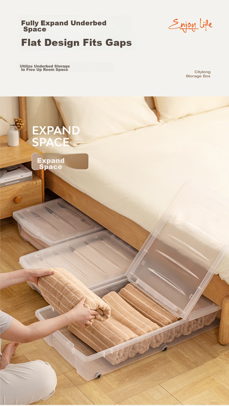 Xitianlong Under-Bed Storage Box, Toy Organizer, Quilt Storage Box, Flat Double-Opening Lid with Wheels, Transparent, 54 Liters, 2-Pack 3