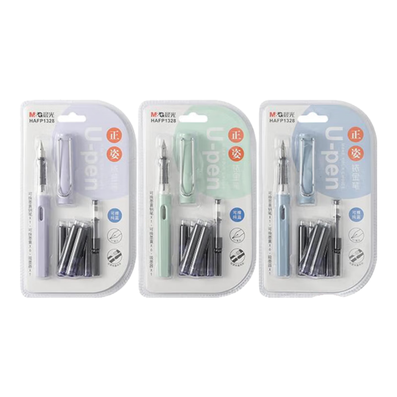 M&G Fountain Pen Set with Erasable Crystal Blue Ink, Replaceable Cartridges And Ink Bottle (Pen *1, Ink Absorber *1, Cartridge *6) Random Colors HAFP1328B2 1 Set